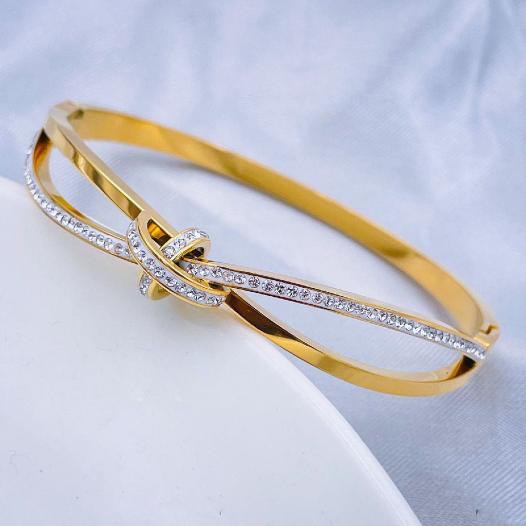 Criss Cross Ribbon CZ 18K Gold Stainless Steel Openable Kada Bulk