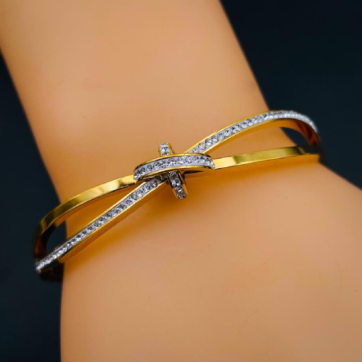 Criss Cross Ribbon CZ 18K Gold Stainless Steel Openable Kada Bulk