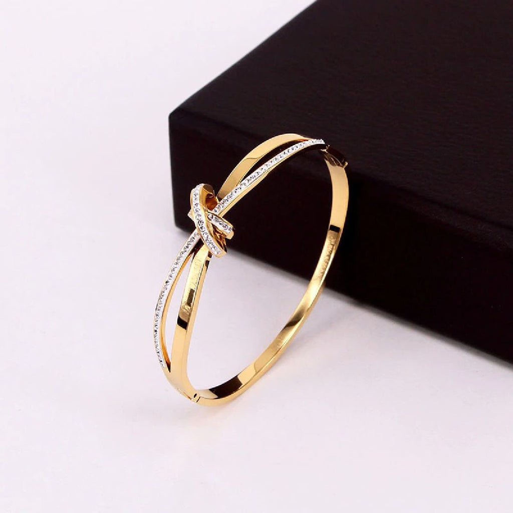Criss Cross Ribbon CZ 18K Gold Stainless Steel Openable Kada Bulk