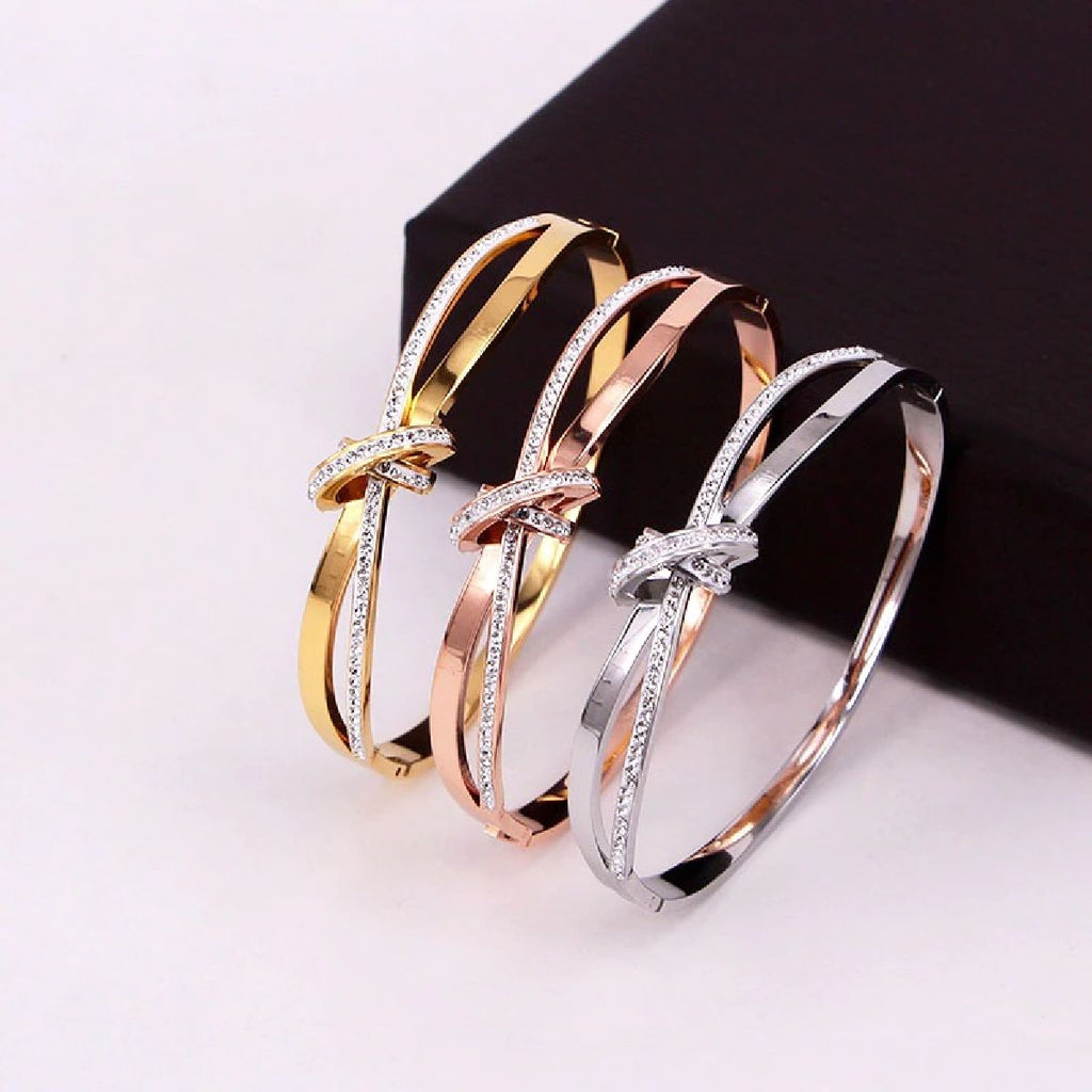 Criss Cross Ribbon CZ 18K Gold Stainless Steel Openable Kada Bulk