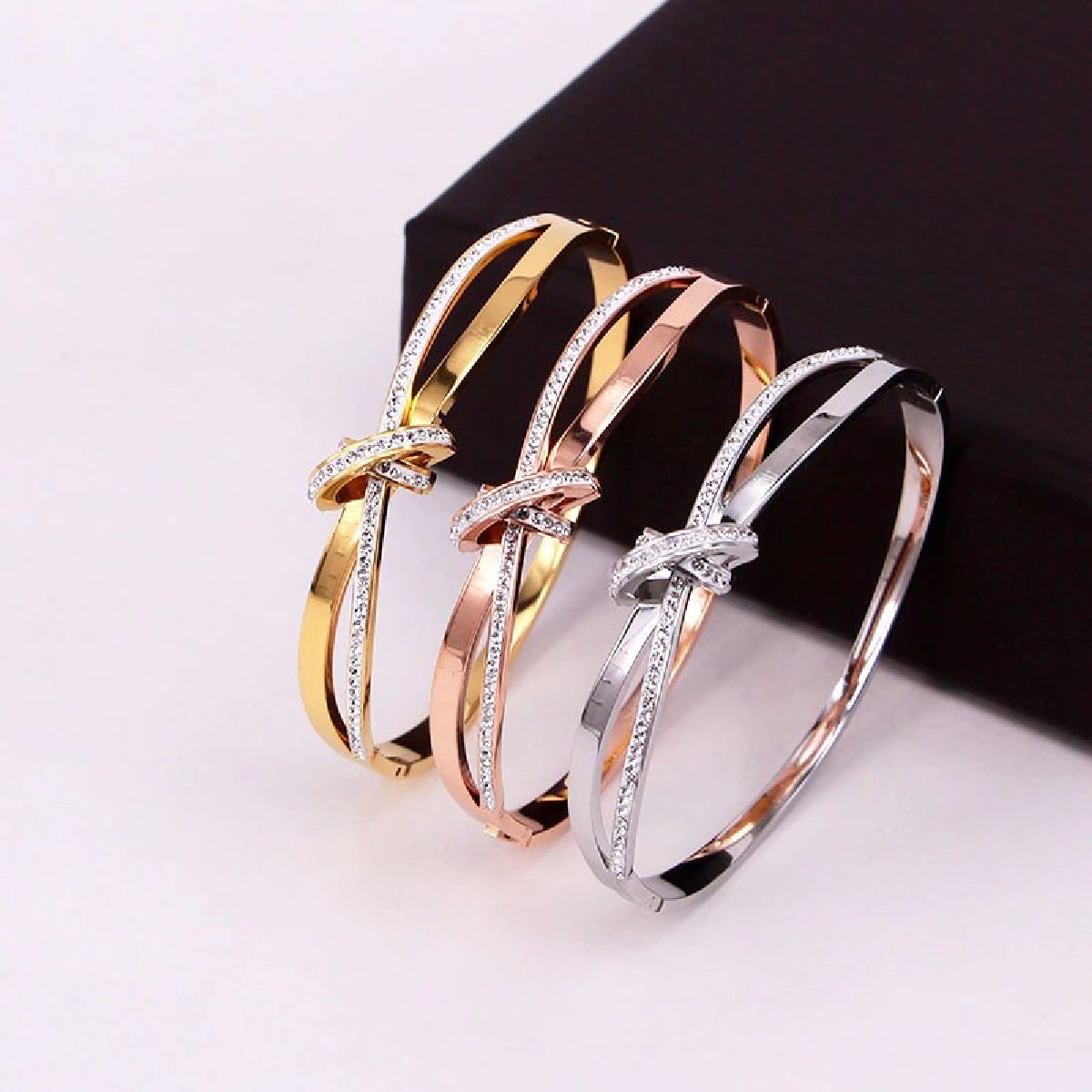 Criss Cross Ribbon CZ 18K Gold Stainless Steel Openable Kada Bulk