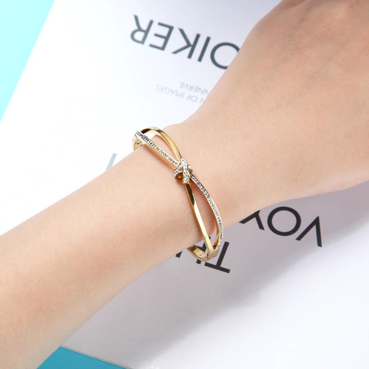 Criss Cross Ribbon CZ 18K Gold Stainless Steel Openable Kada Bulk
