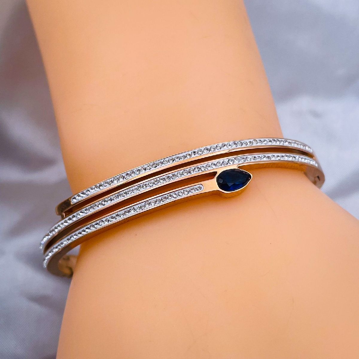 Sapphire Blue CZ 18K Rose Gold Stainless Steel Openable Kada Bulk