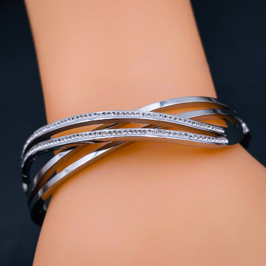 Waves Cubic Zirconia Silver Stainless Steel Openable Kada Women Bulk