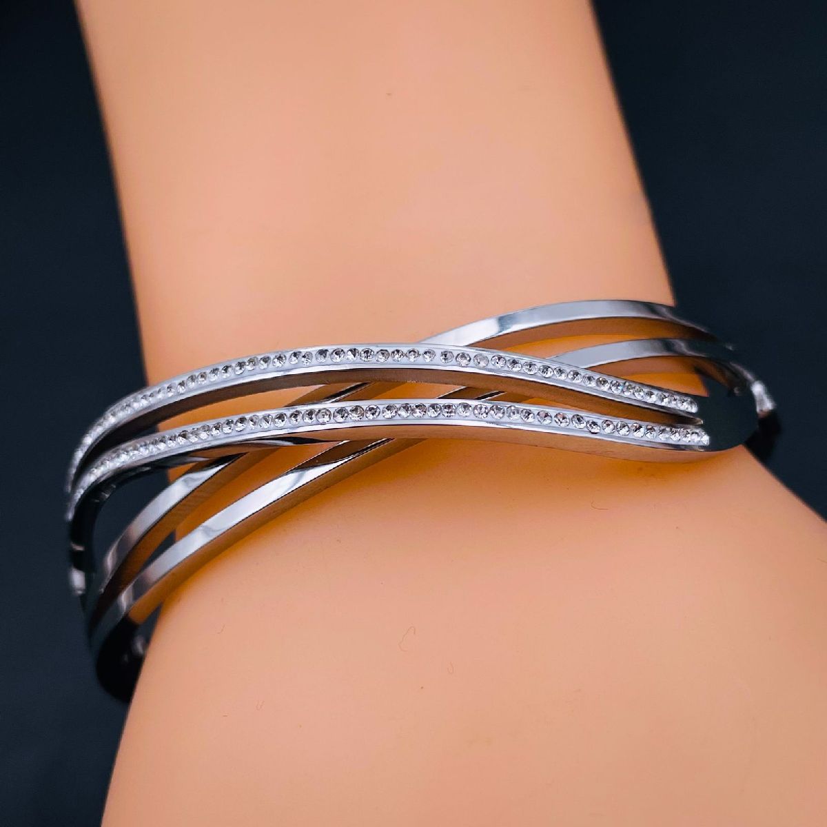 Waves Cubic Zirconia Silver Stainless Steel Openable Kada Women Bulk