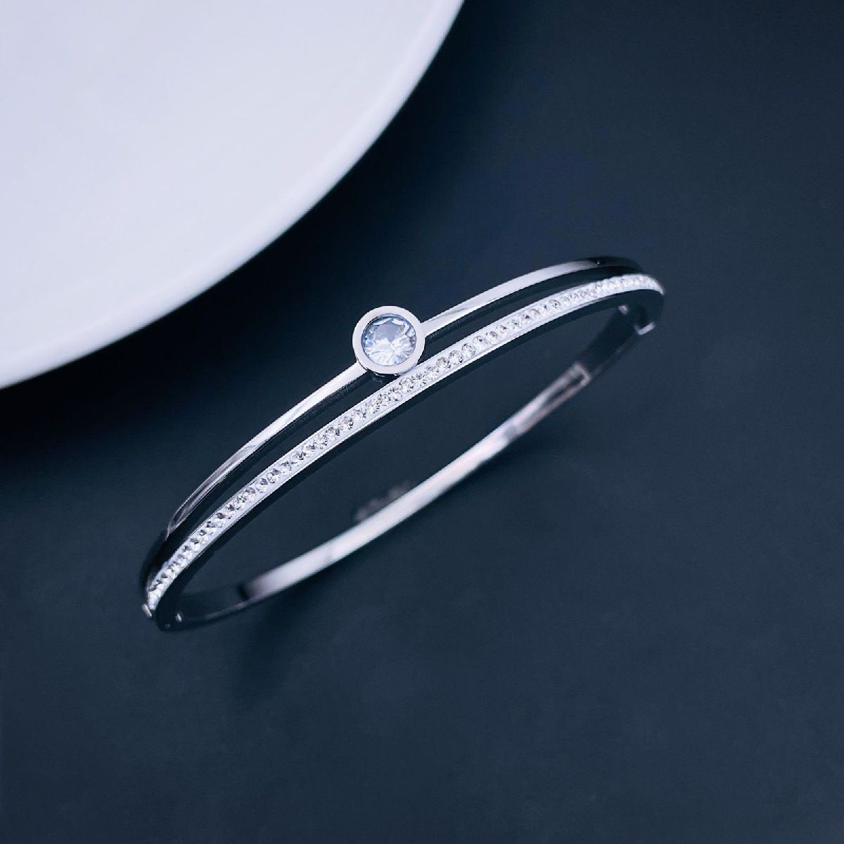 Solitaire Celestra CZ Silver Stainless Steel Openable Kada Bulk Main image