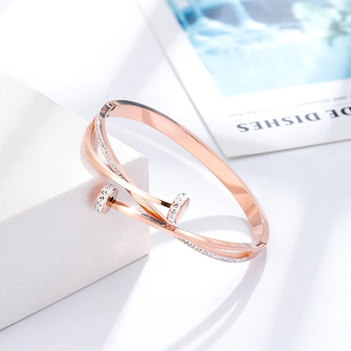Screw Nail CZ 18K Rose Gold Stainless Steel Openable Kada Bulk