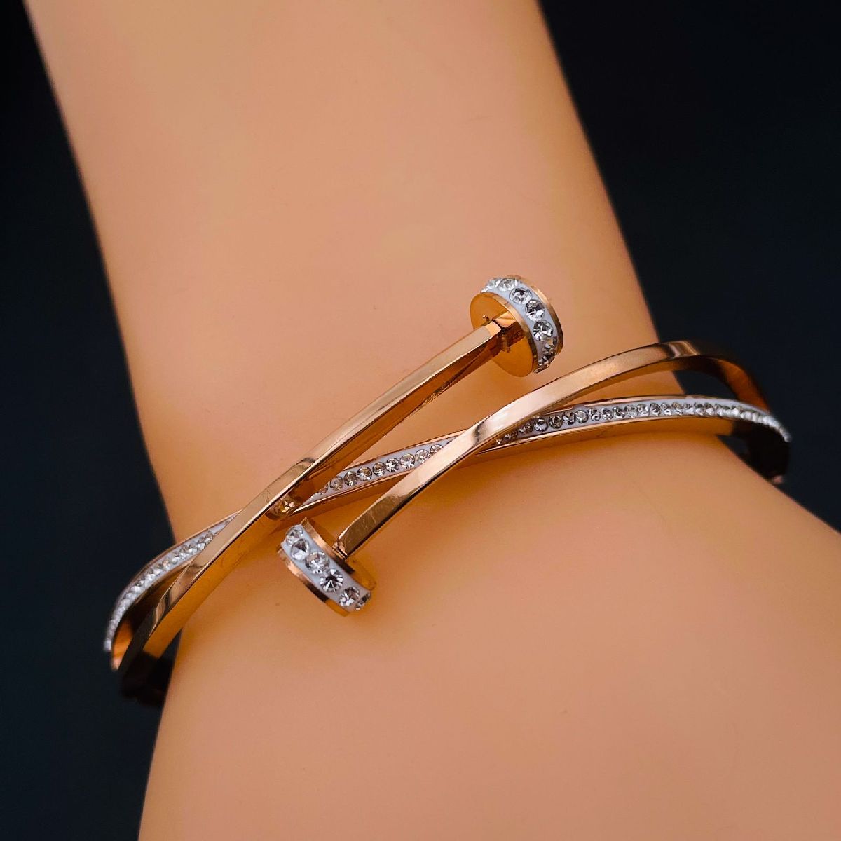 Screw Nail CZ 18K Rose Gold Stainless Steel Openable Kada Bulk