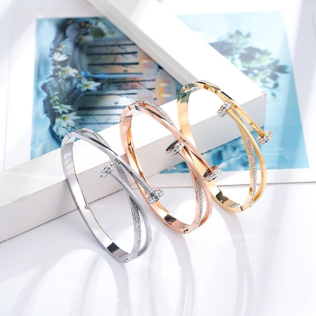 Screw Nail CZ 18K Rose Gold Stainless Steel Openable Kada Bulk