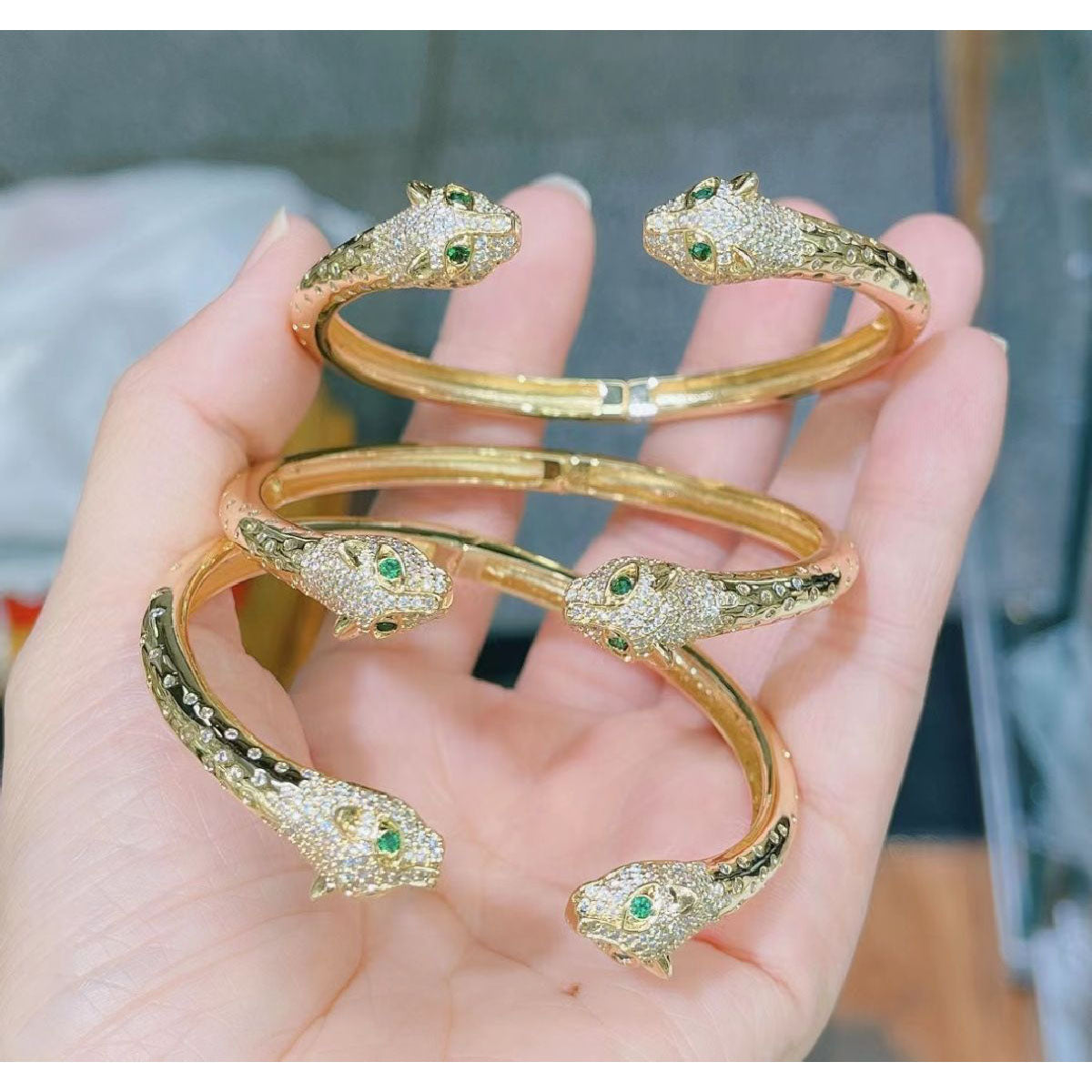 Dual Panther Cubic Zirconia Cluser Dotted 18K Gold Bangle Cuff Bulk
