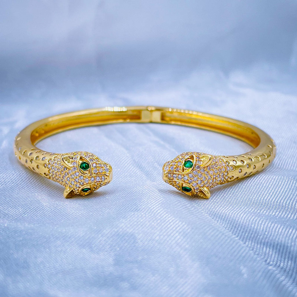 Dual Panther Cubic Zirconia Cluser Dotted 18K Gold Bangle Cuff Bulk