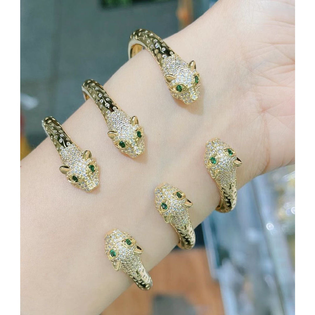 Dual Panther Cubic Zirconia Cluser Dotted 18K Gold Bangle Cuff Bulk