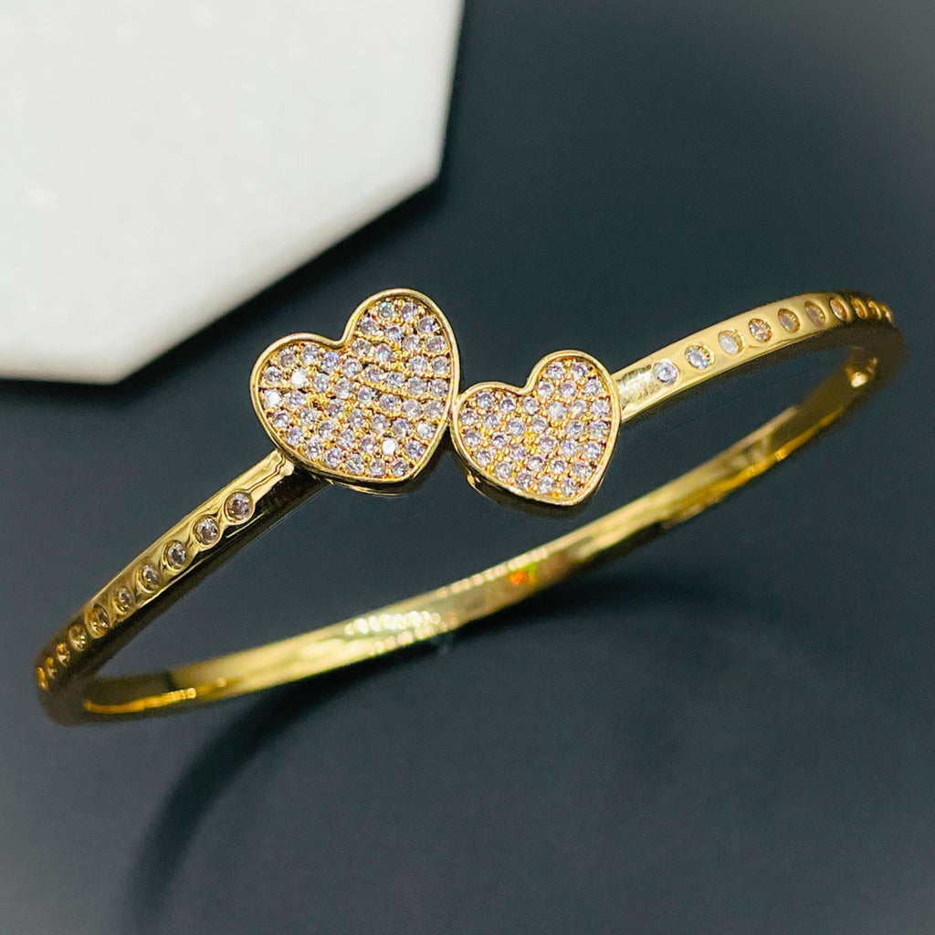 Dual Heart Love Cubic Zirconia 18K Gold Bangle Kada For Women Bulk