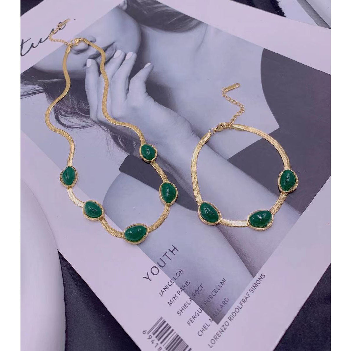 Green Beads 18K Gold Stainless Steel Snake Chain Bracelet Women Bulk