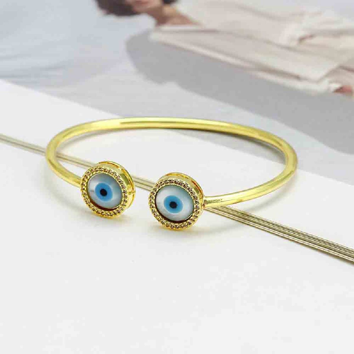 Round Evil Eye Mother Of Pearl 18K Gold Copper Cuff Bangle Bulk