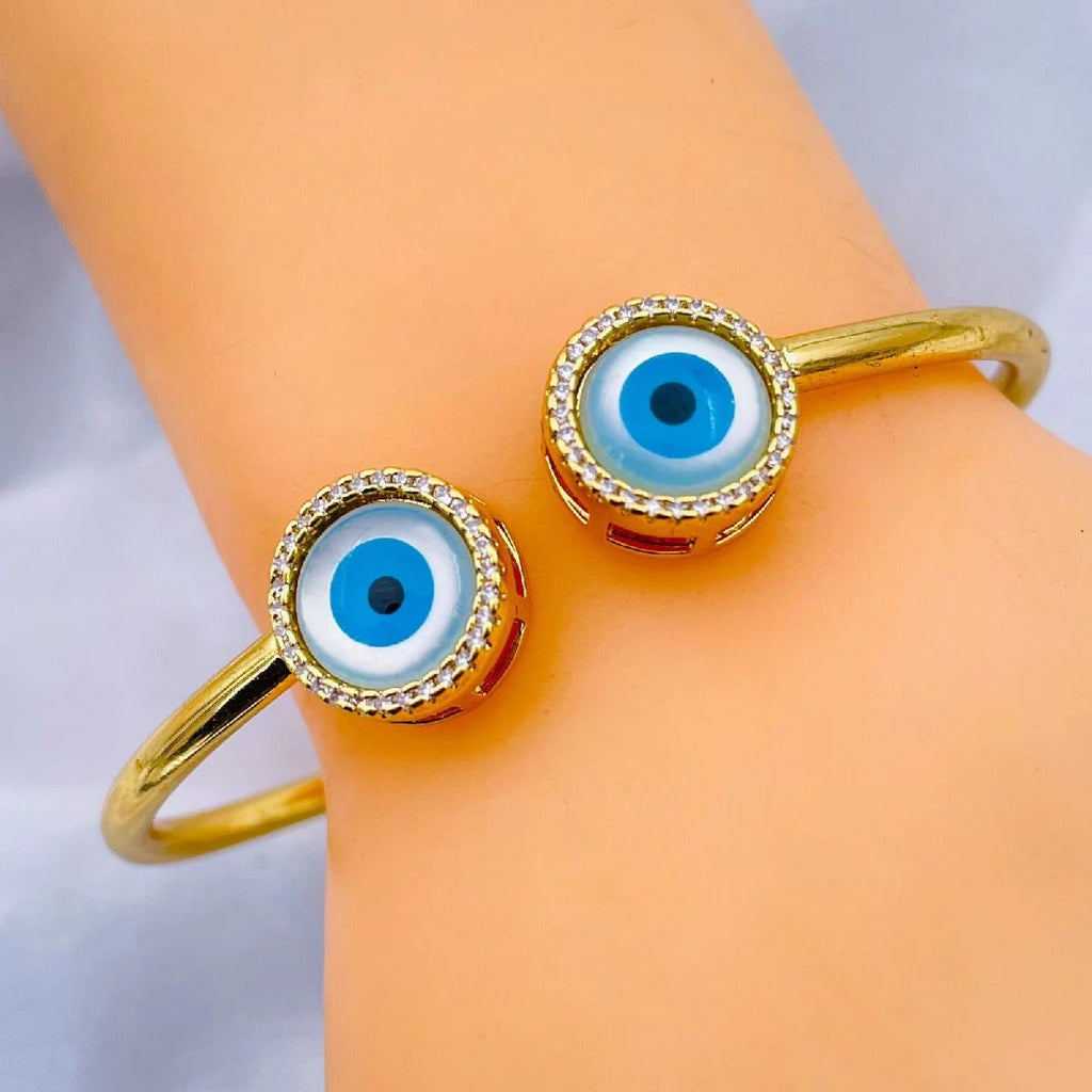Round Evil Eye Mother Of Pearl 18K Gold Copper Cuff Bangle Bulk