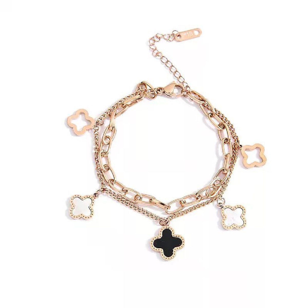 Clover Black White 18K Rose Gold Layered Stainless Steel Bracelet Bulk