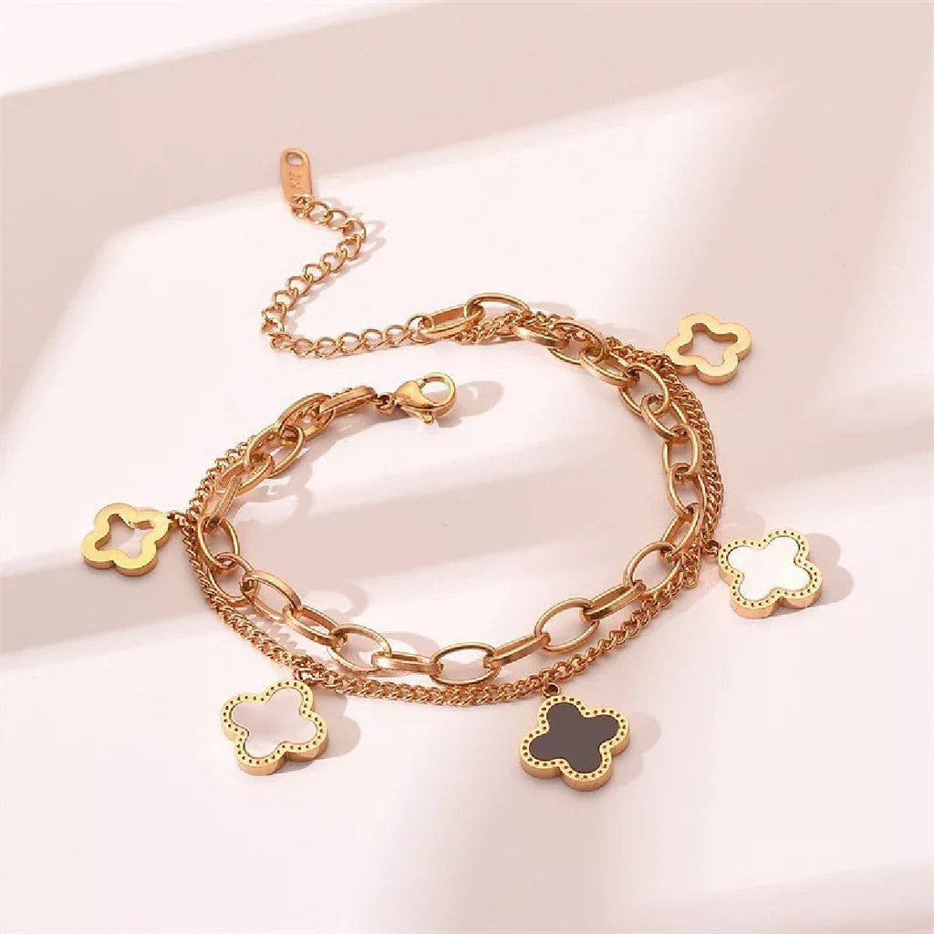 Clover Black White 18K Rose Gold Layered Stainless Steel Bracelet Bulk
