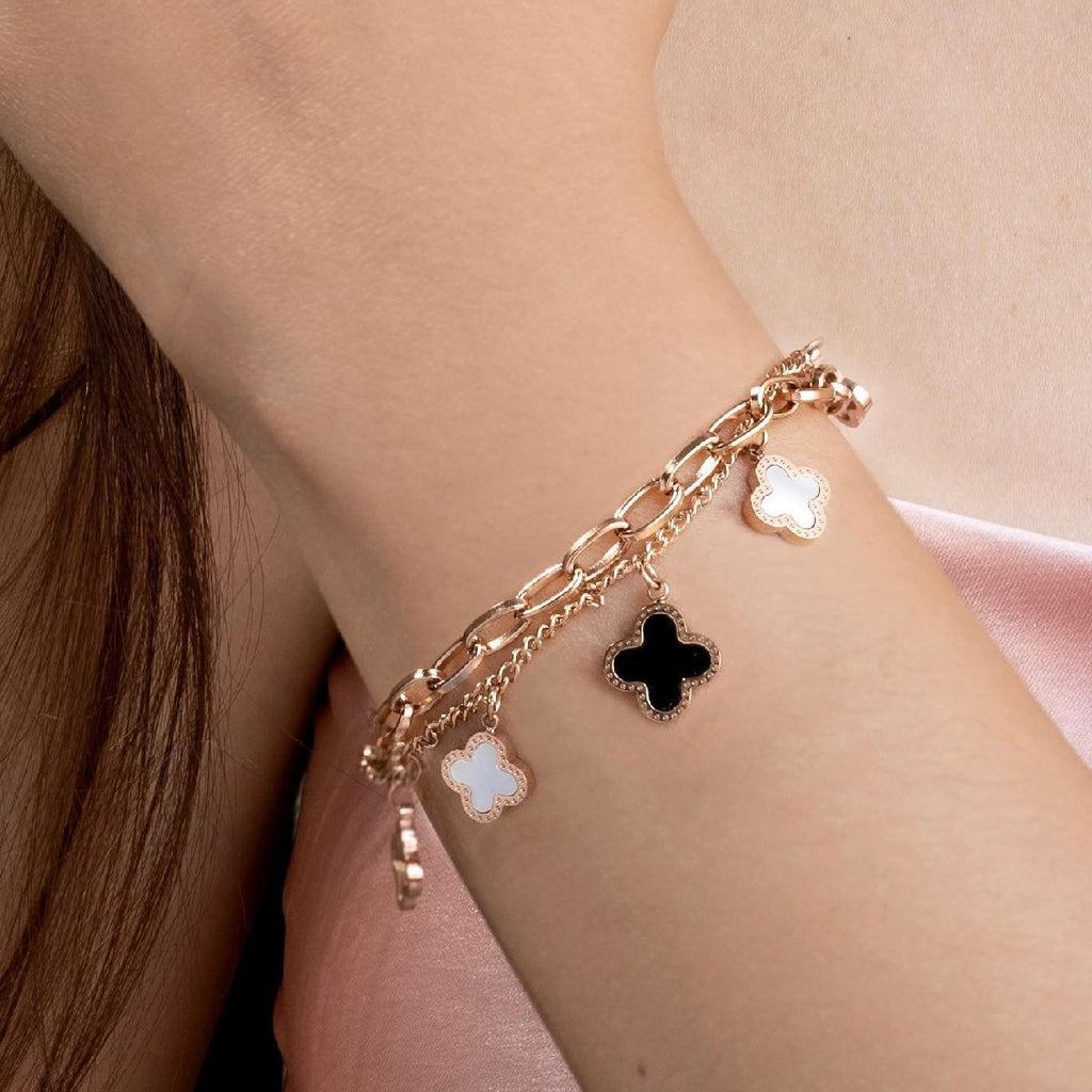 Clover Black White 18K Rose Gold Layered Stainless Steel Bracelet Bulk