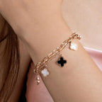 Clover Black White 18K Rose Gold Layered Stainless Steel Bracelet Bulk