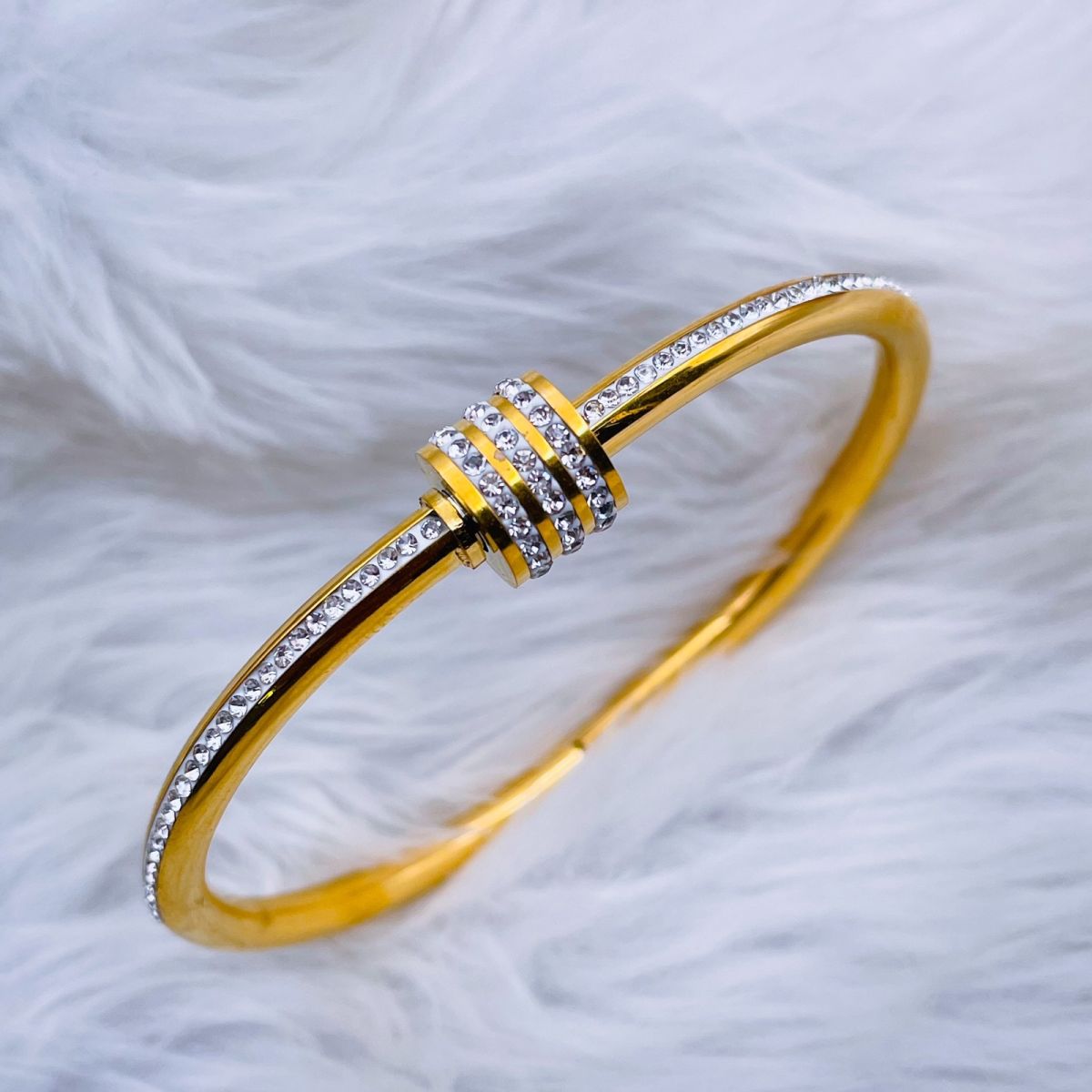 Studded Lock CZ 18K Gold Stainless Steel Openable Kada Bangle Bulk