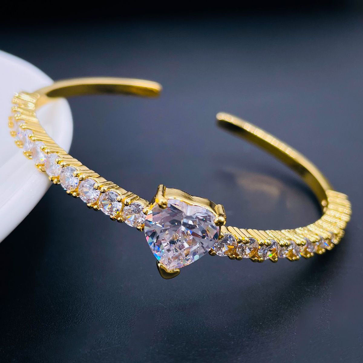 Heart Love Blue Cubic Zirconia 18K Gold Copper Bangle Cuff Women Bulk