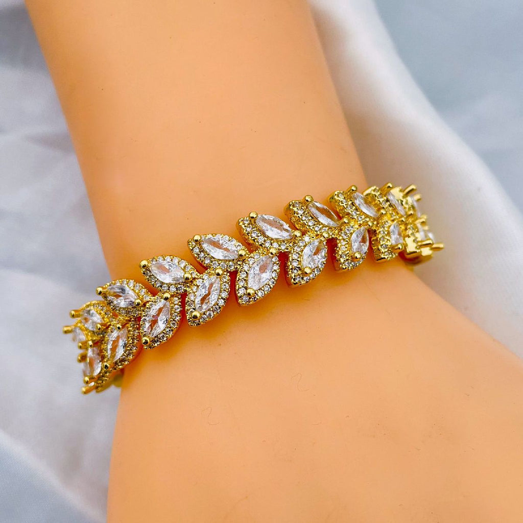Floral Leaf Ruby Red CZ 18K Gold Anti Tarnish Copper Cuff Kada Bulk