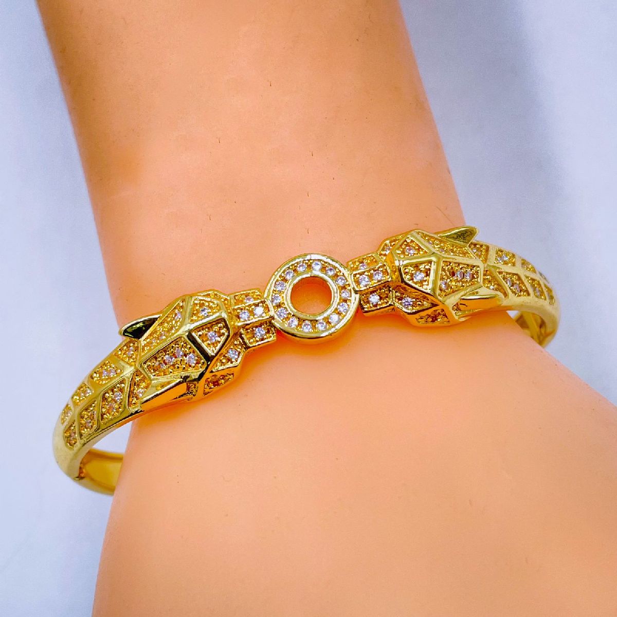 Dual Panther Evil Eye Enamel CZ Copper Gold Bangle Kada Bulk