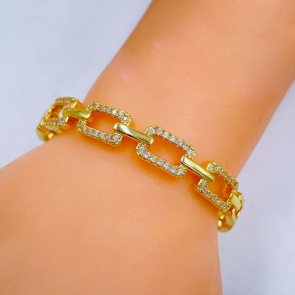 Smart Link Chain Cubic Zirconia 18K Gold Copper Cuff Bangle Women Bulk
