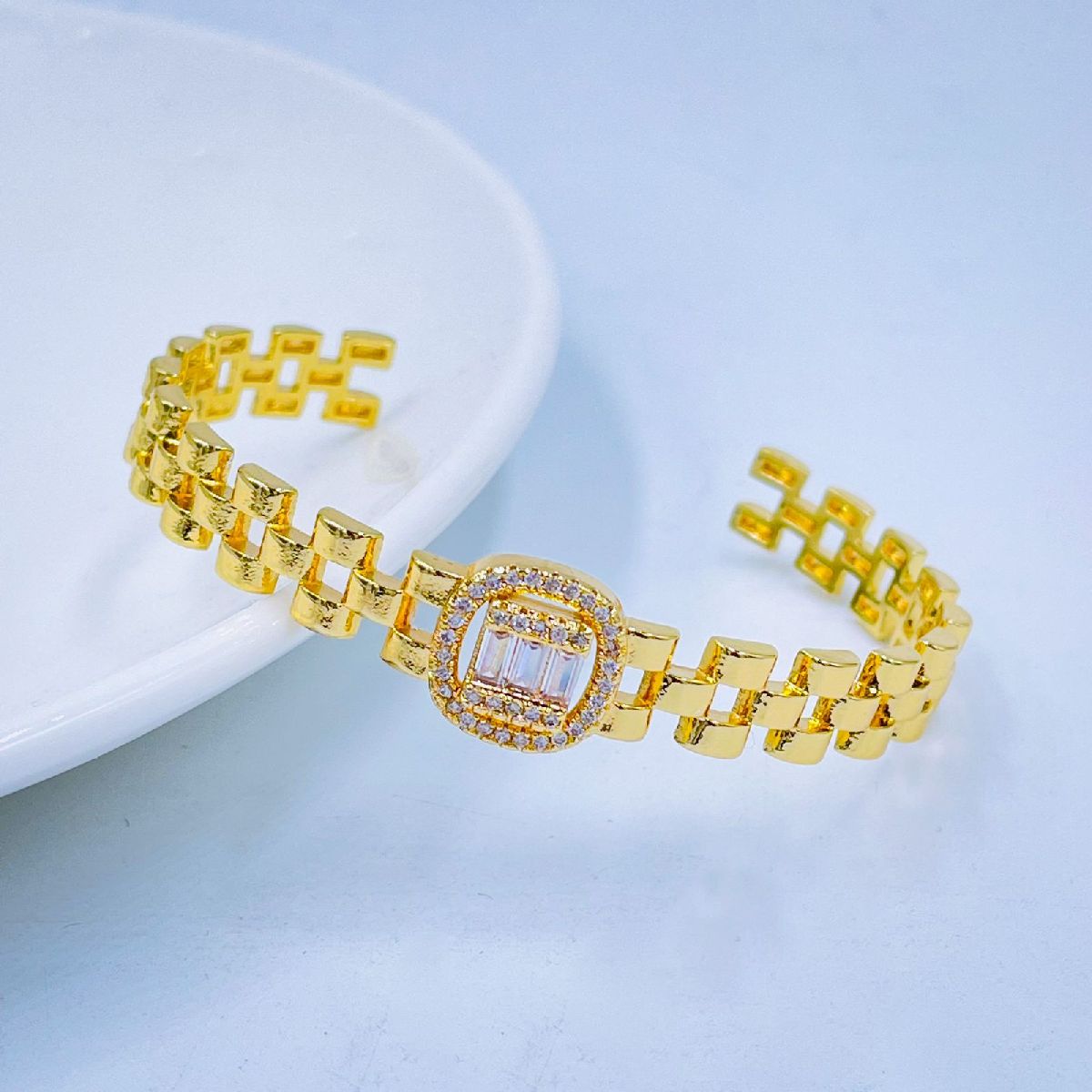 Baguette Cubic Zirconia 18K Gold Watch Belt Copper Cuff Bangle Bulk Main image