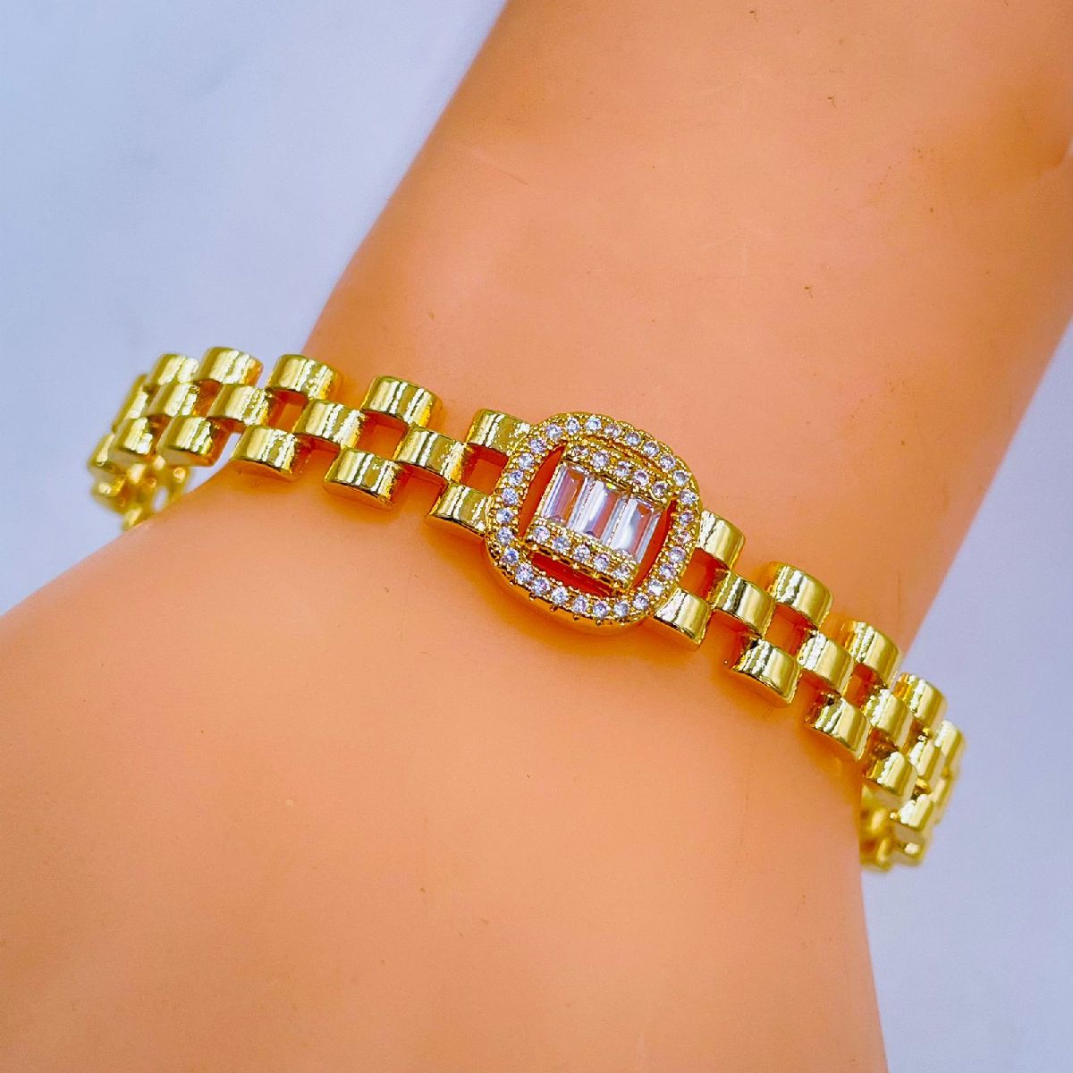 Baguette Cubic Zirconia 18K Gold Watch Belt Copper Cuff Bangle Bulk Secondary image