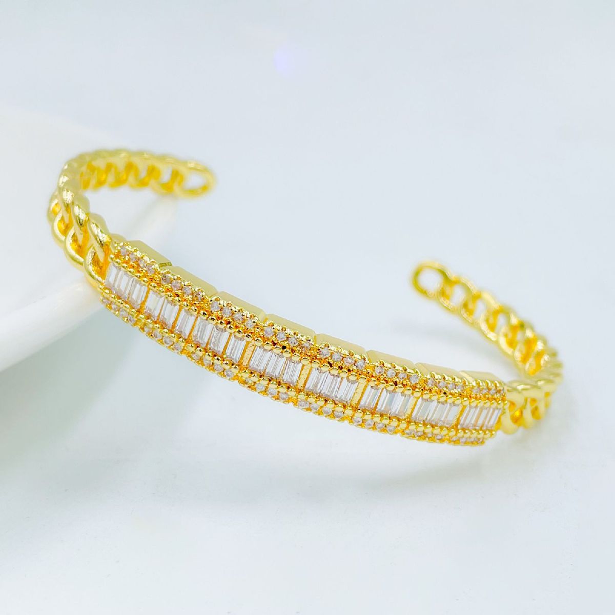 Baguette Cubic Zirconia Curb 18K Gold Copper Cuff Bangle Bracelet Bulk