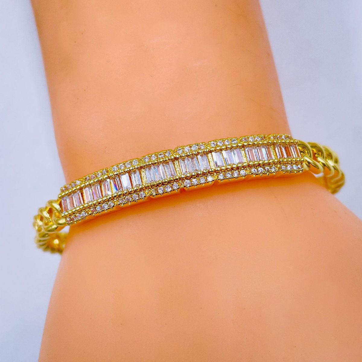 Baguette Cubic Zirconia Curb 18K Gold Copper Cuff Bangle Bracelet Bulk