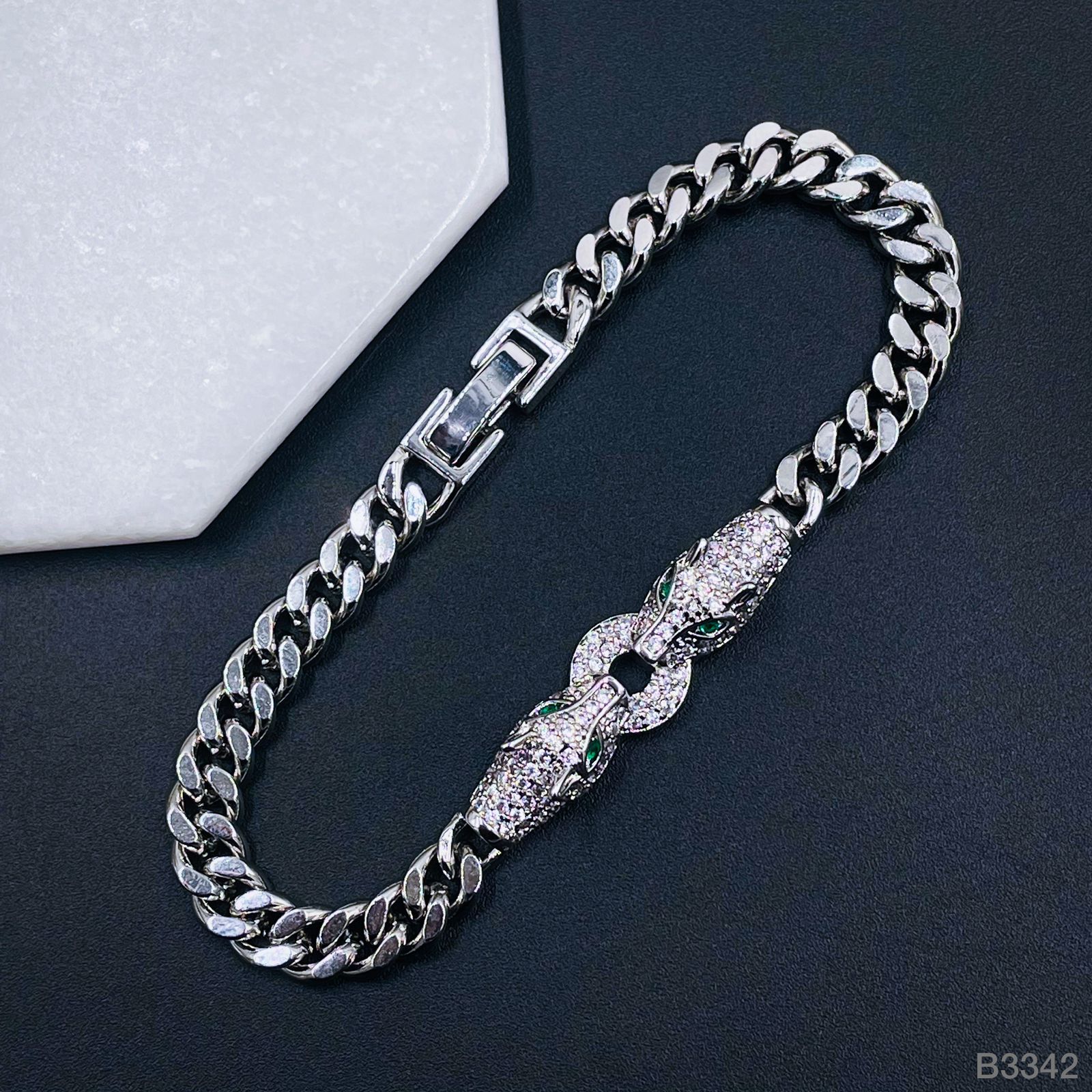 Dual Panther Green Eye CZ Copper Silver Curb Chain Bracelet Bulk Main image