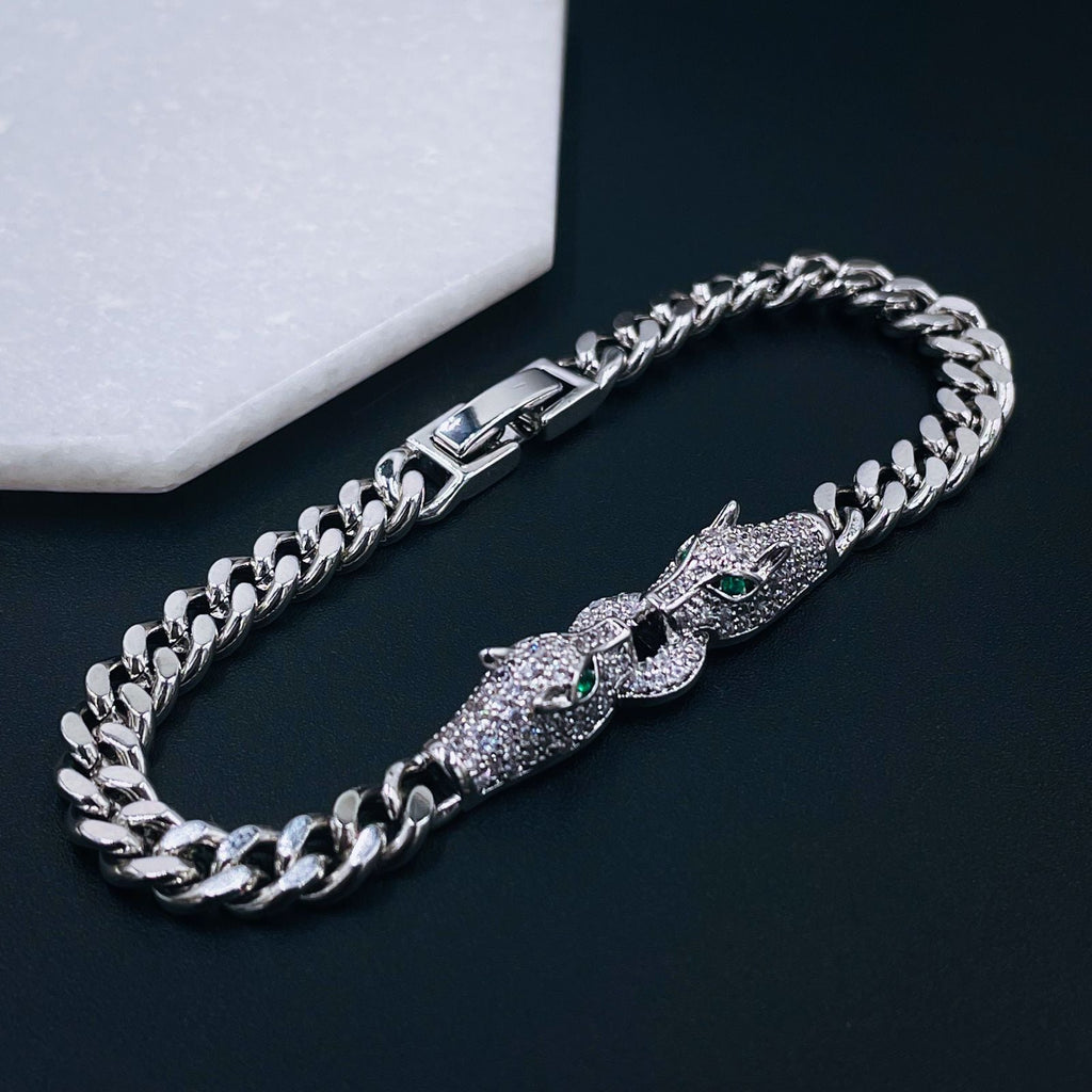 Dual Panther Green Eye CZ Copper Silver Curb Chain Bracelet Bulk