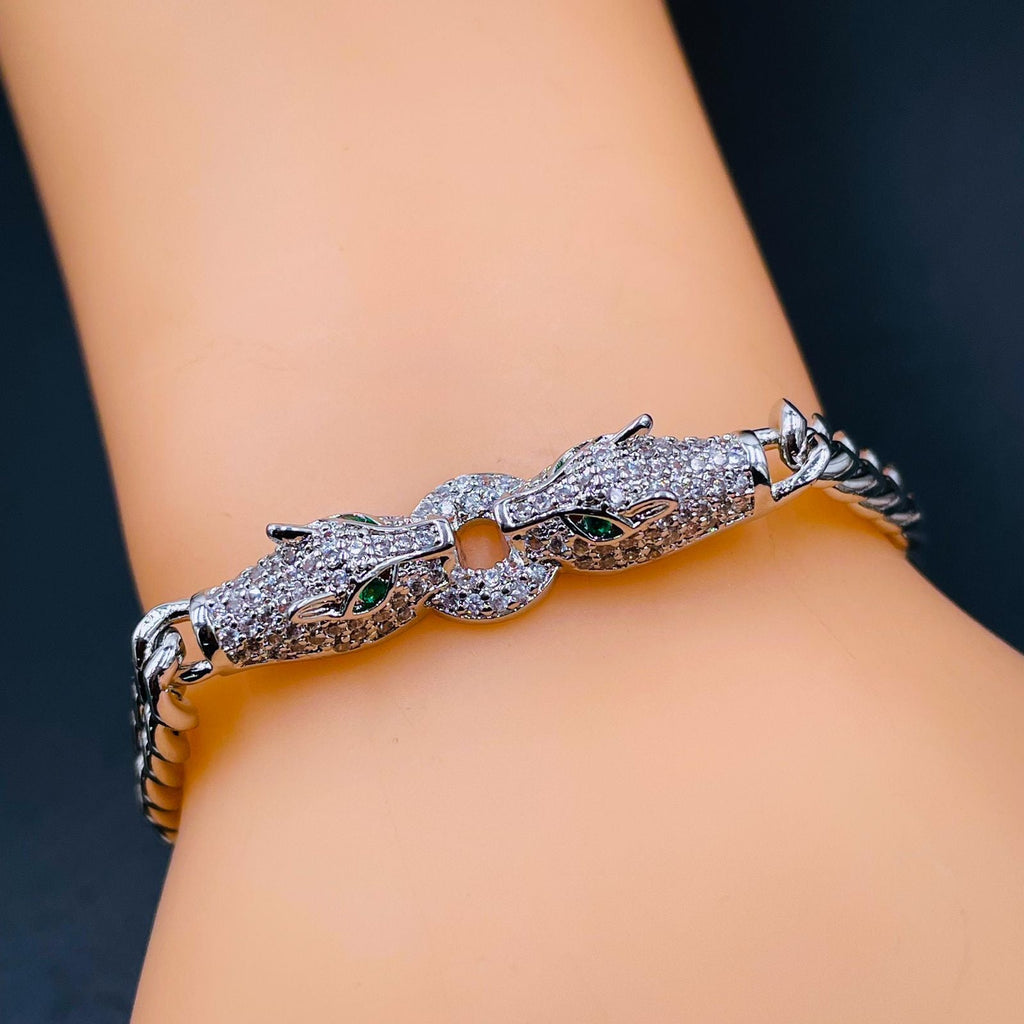 Dual Panther Green Eye CZ Copper Silver Curb Chain Bracelet Bulk