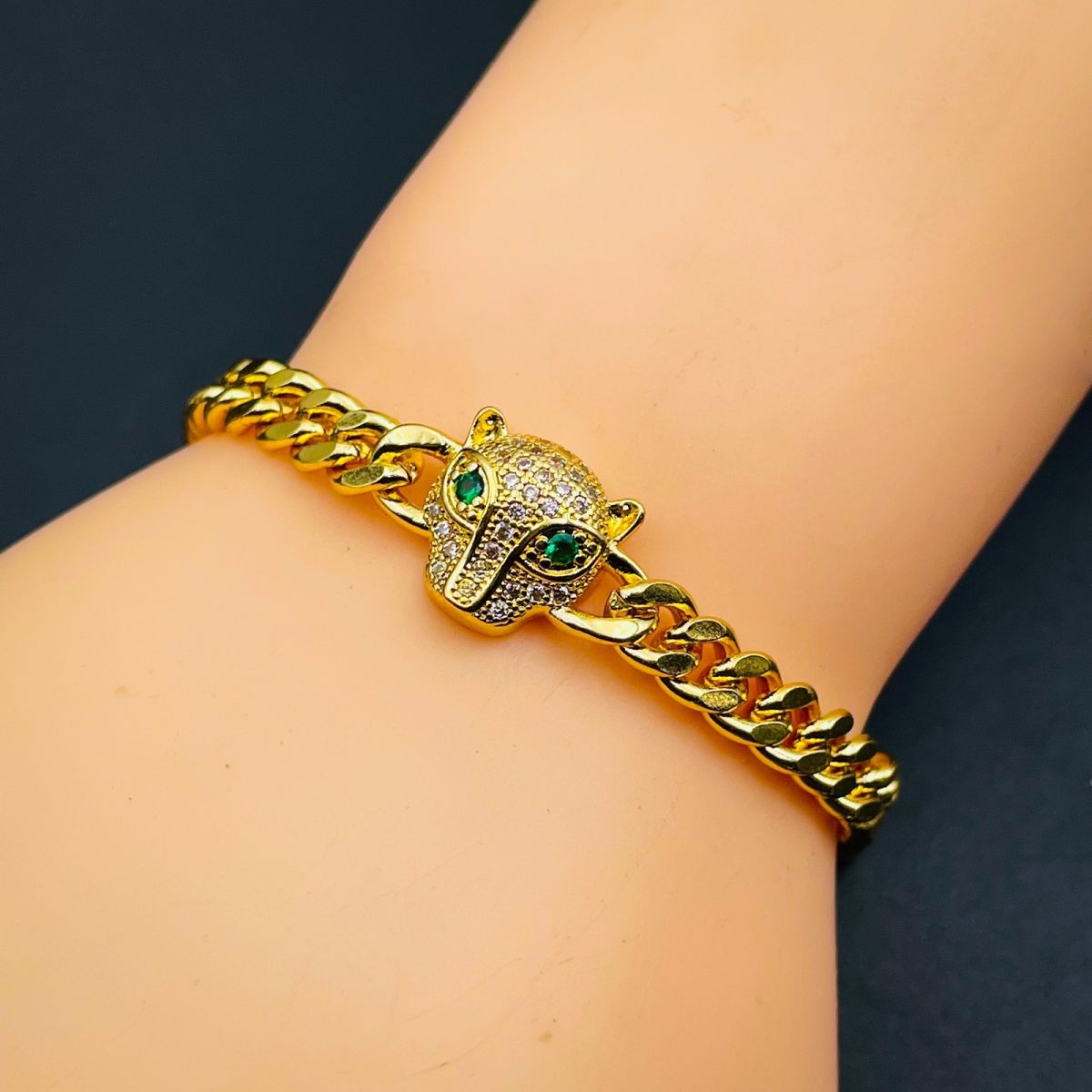 Panther Green Eye Gold Cubic Zirconia Copper Curb Chain Bracelet Bulk Secondary image