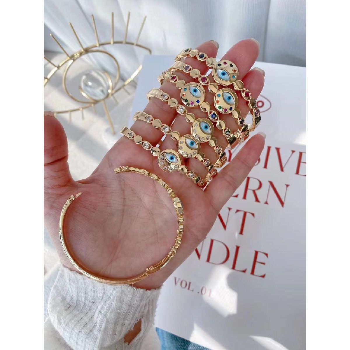 Evil Eye Mother Of Pearl Multi Color Glossy 18K Gold Cuff Kada Bulk