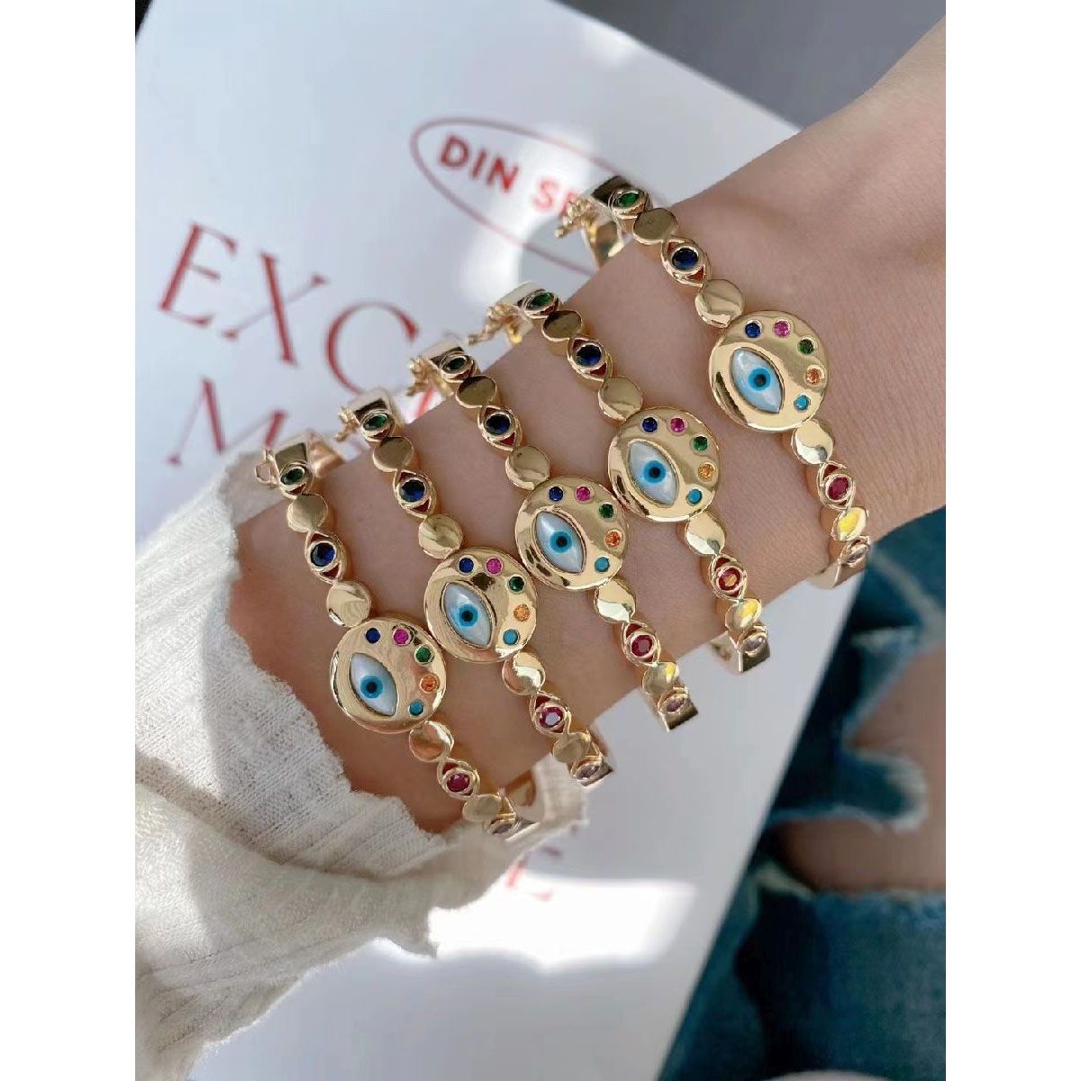 Evil Eye Mother Of Pearl Multi Color Glossy 18K Gold Cuff Kada Bulk