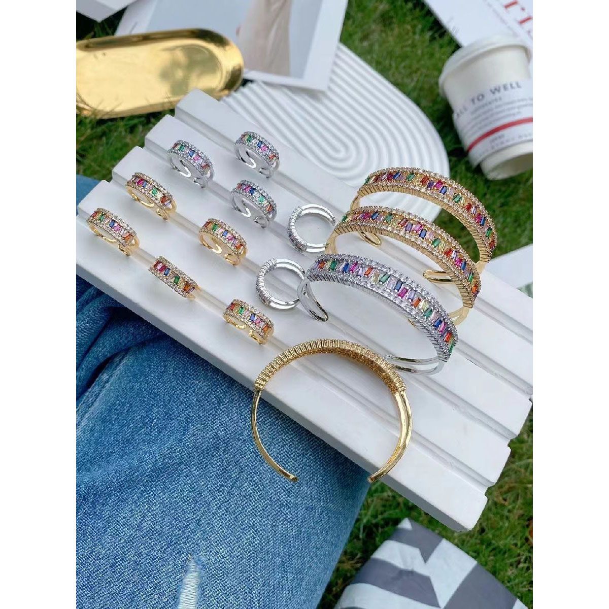 Criss Cross Rainbow Multi Color 18K Gold Cuff Kada Bracelet Women Bulk