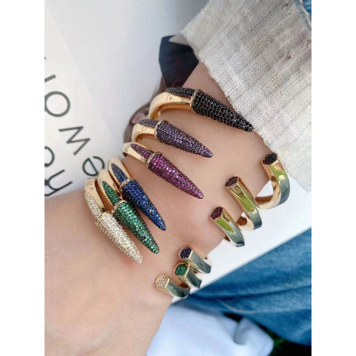 Black Nail 3D CZ Glossy 18K Gold Cuff Kada Bracelet Bulk