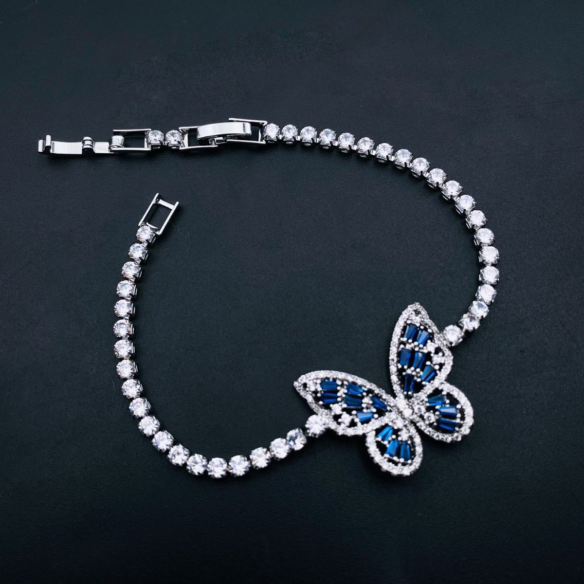 Blue Butterfly Cubic Zirconia Silver Plated Solitaire Bracelet Bulk Main image