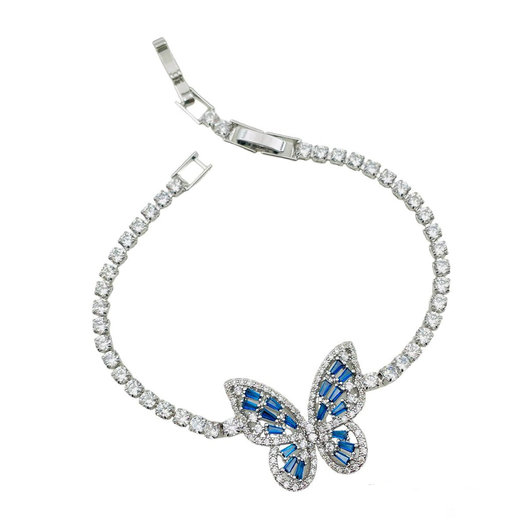 Blue Butterfly Cubic Zirconia Silver Plated Solitaire Bracelet Bulk