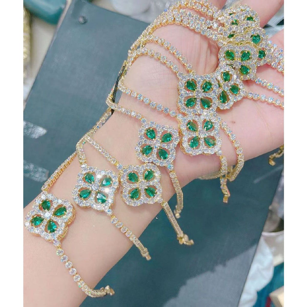 Emerald Green Clover Flower CZ 18K Gold Solitaire Bracelet Bulk