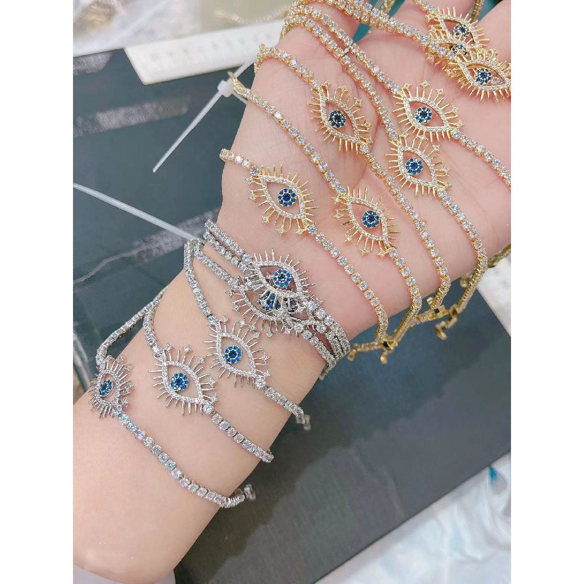 Blue Evil Eye Lash Cubic Zirconia 18K Gold Solitaire Bracelet Bulk Main image