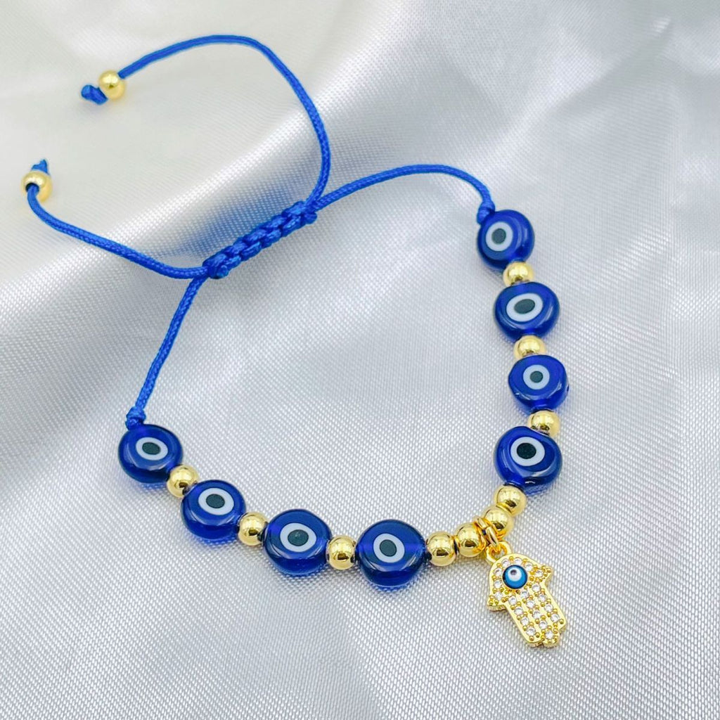 Evil Eye Hamsa Gold Copper Beads Adjustable Thread Bracelet Girls Bulk