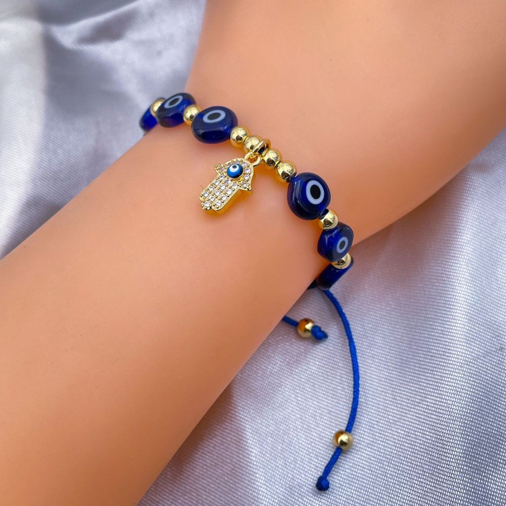 Evil Eye Hamsa Gold Copper Beads Adjustable Thread Bracelet Girls Bulk