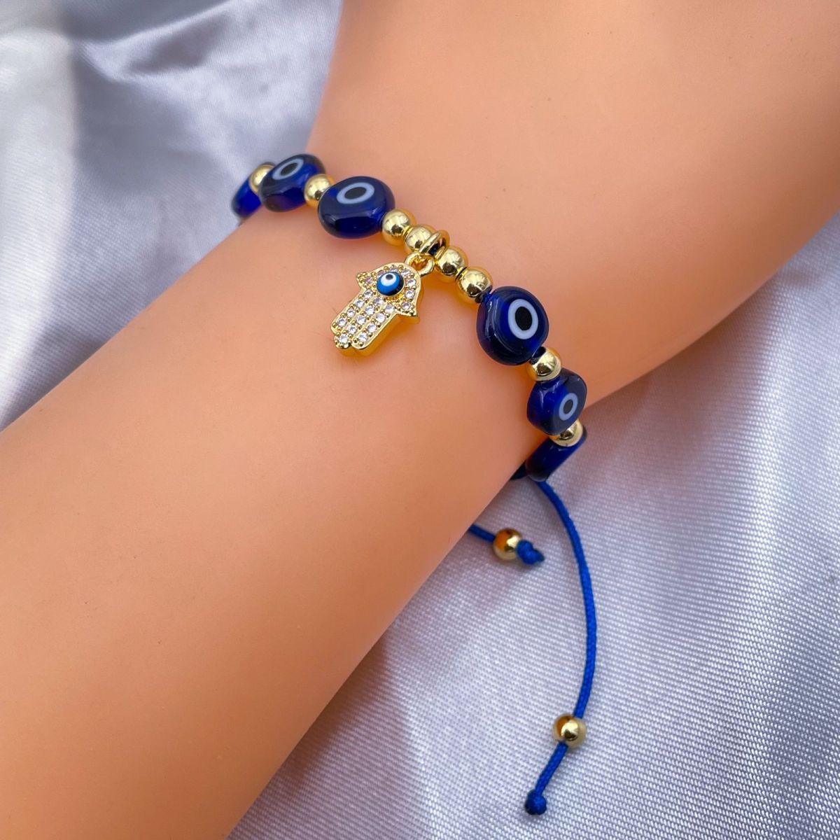 Evil Eye Hamsa Gold Copper Beads Adjustable Thread Bracelet Girls Bulk