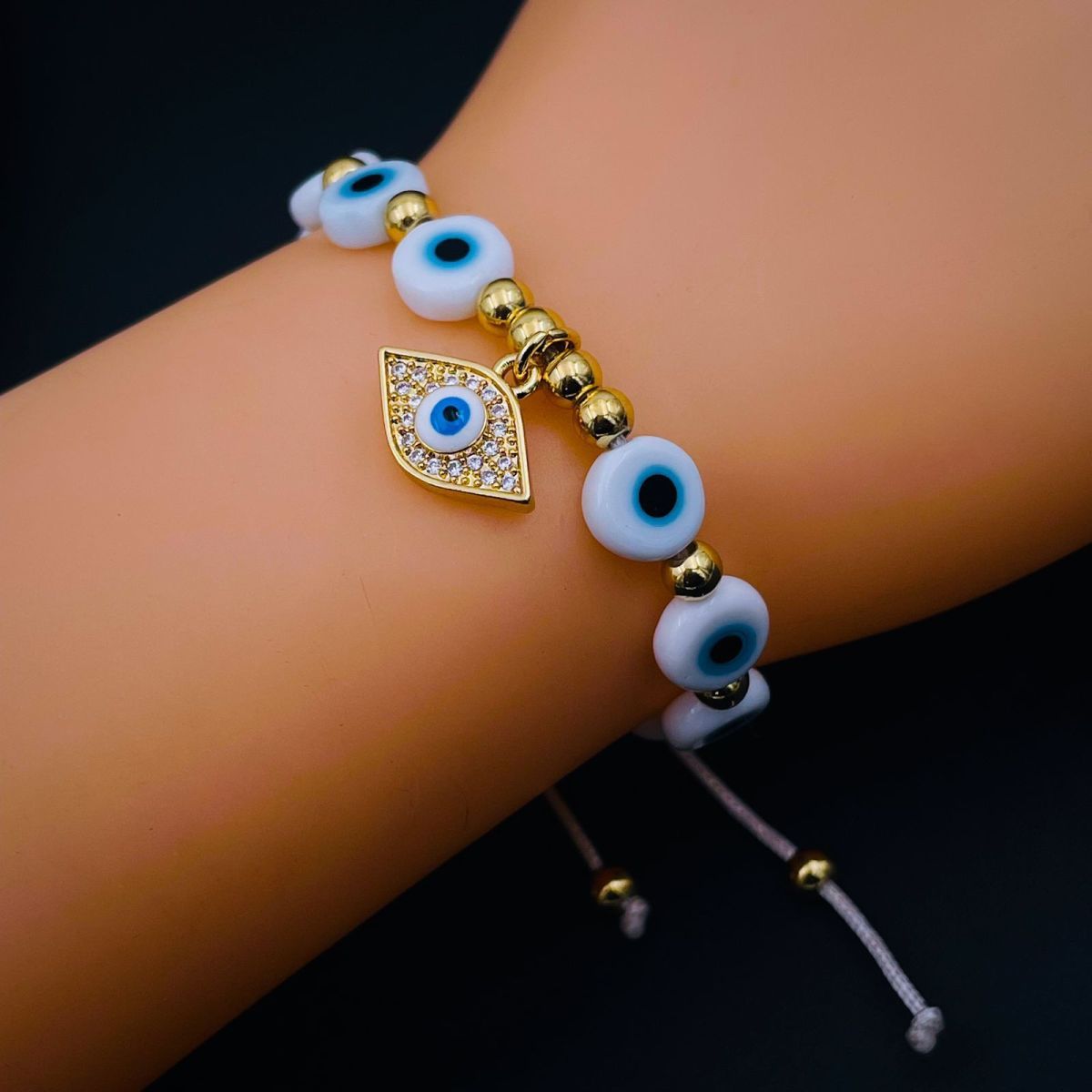 Evil Eye Hamsa Gold Copper Beads Adjustable Thread Bracelet Girls Bulk