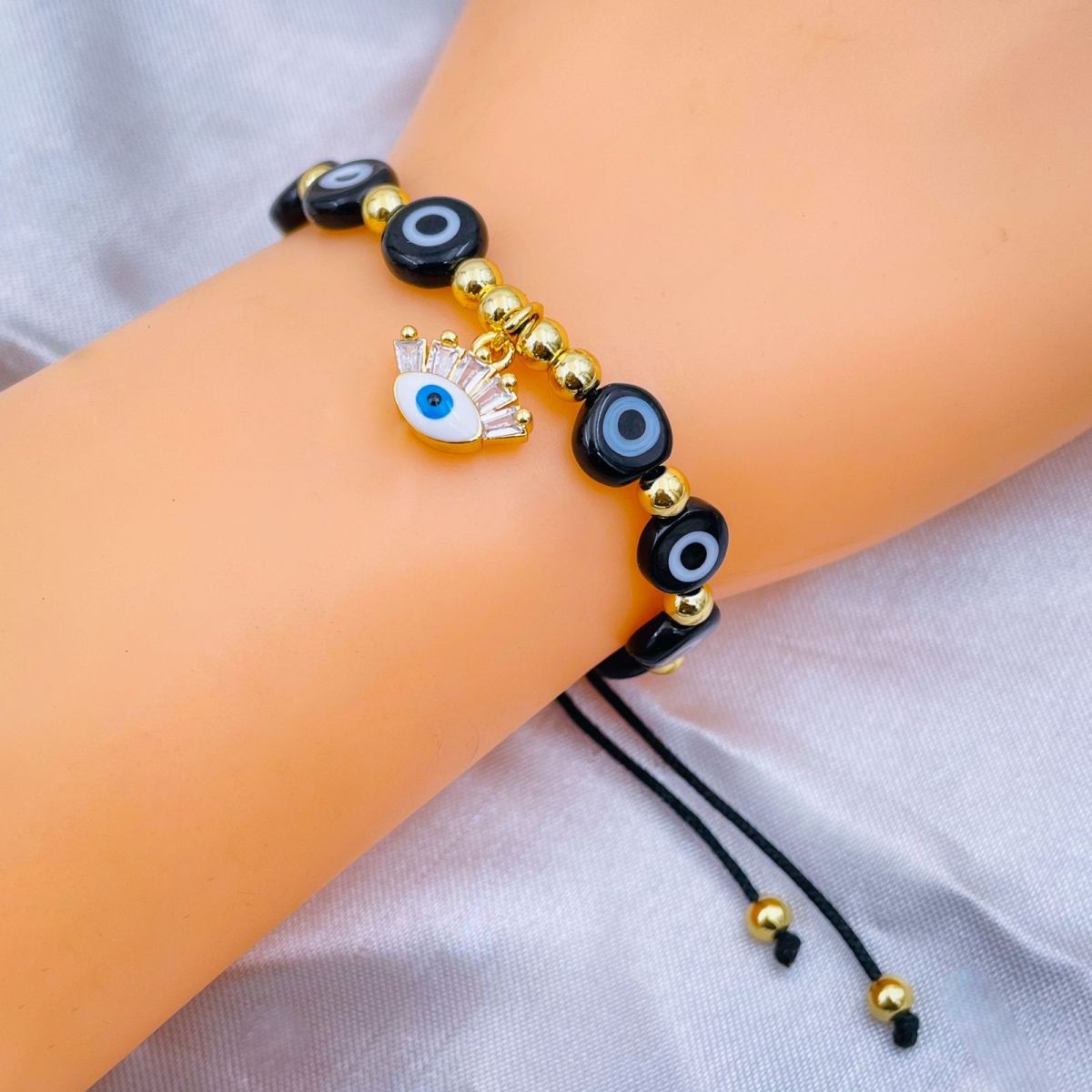 Eyelash Evil Eye Gold Copper Beads Thread Bracelet Girls Bulk